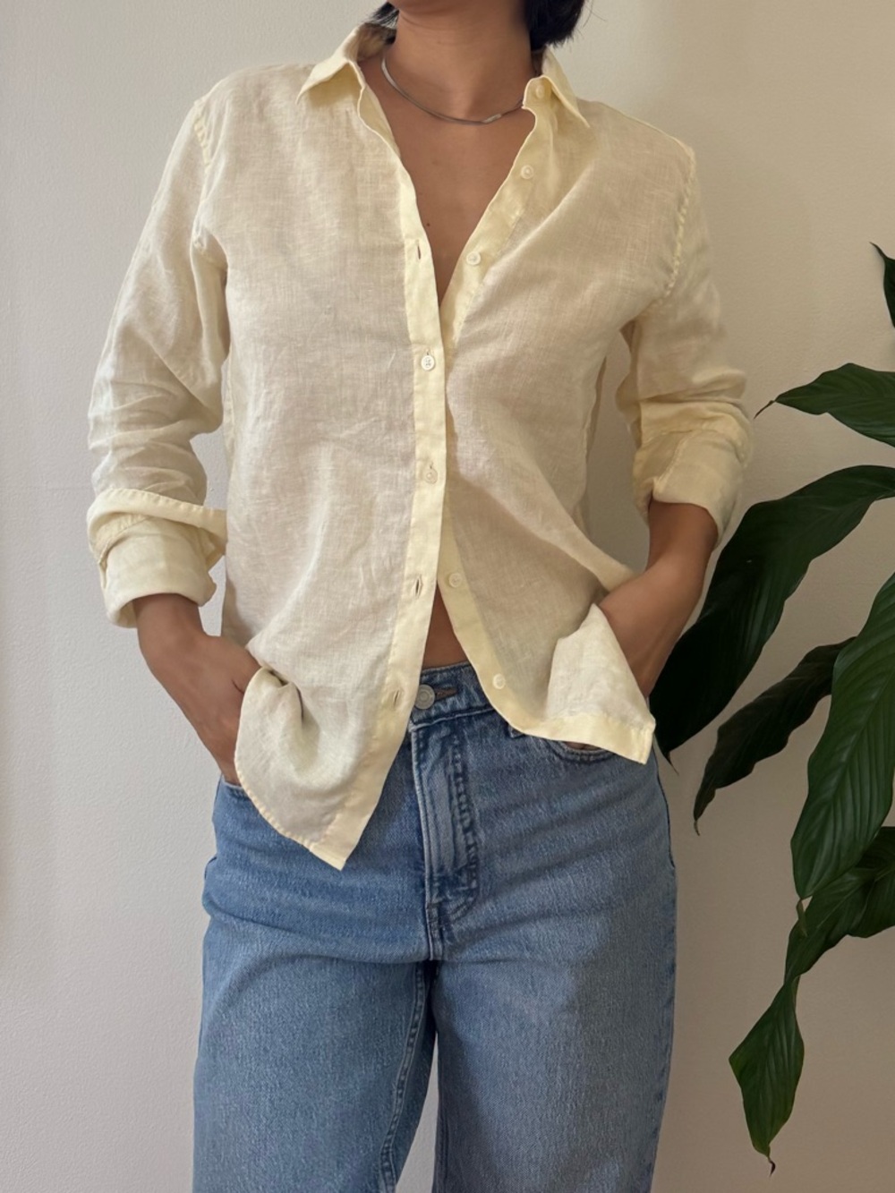 Uniqlo 100% Linen Button Up Long Sleeve Minimalist Preppy Yellow Shirts Size XS - Picture 5 of 11